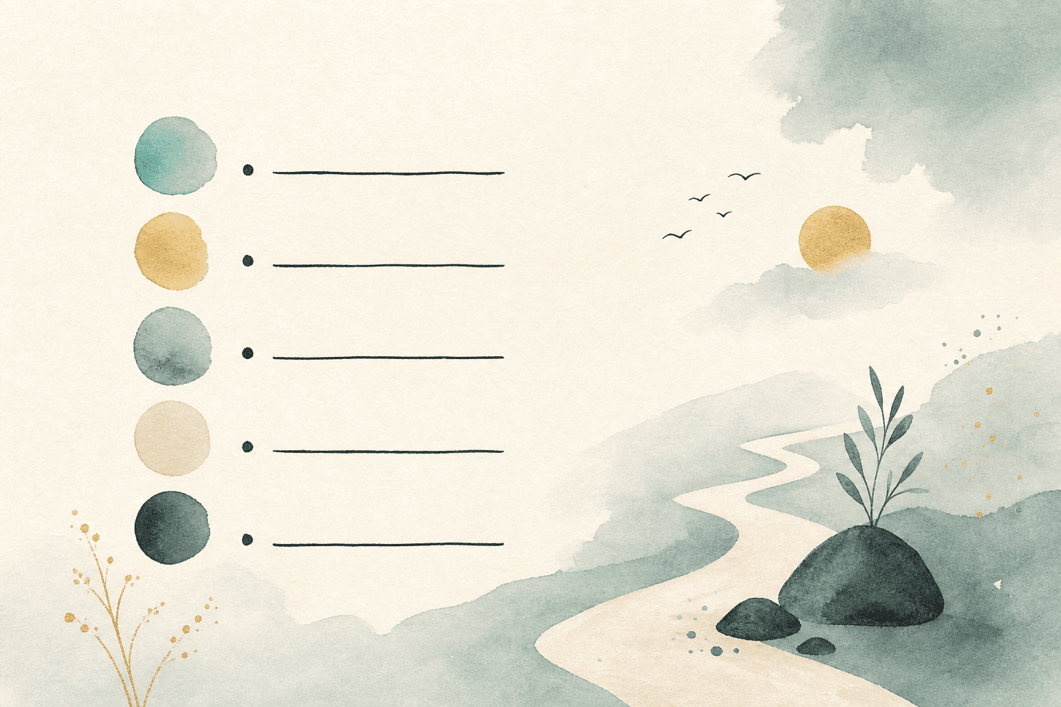Minimal watercolor illustration of abstract checklist steps and a quiet path, suggesting practical reinforcement.