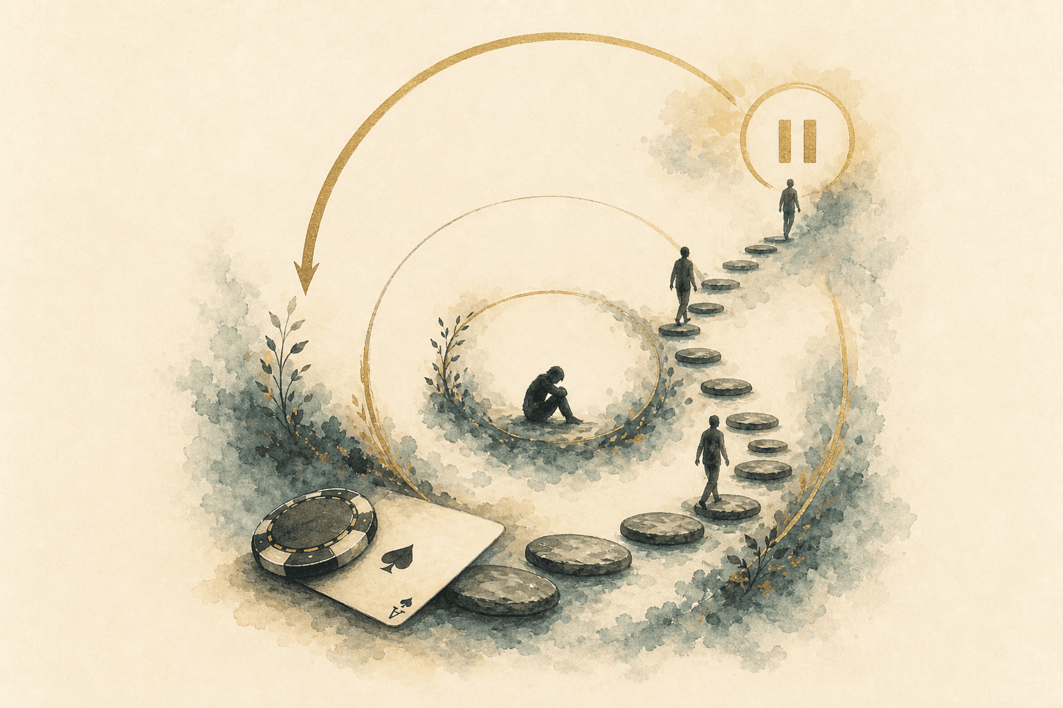 Minimal watercolor illustration of a circular loop with a downward spiral, suggesting the chasing-losses gambling pattern.