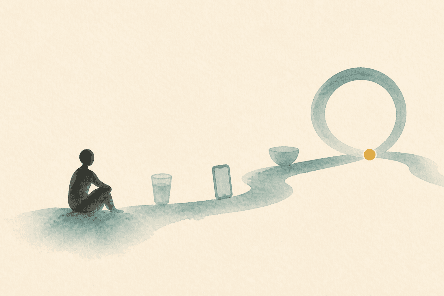 Minimal watercolor illustration of an anonymous figure beside a unified pathway and pause point, suggesting one recovery approach across patterns.
