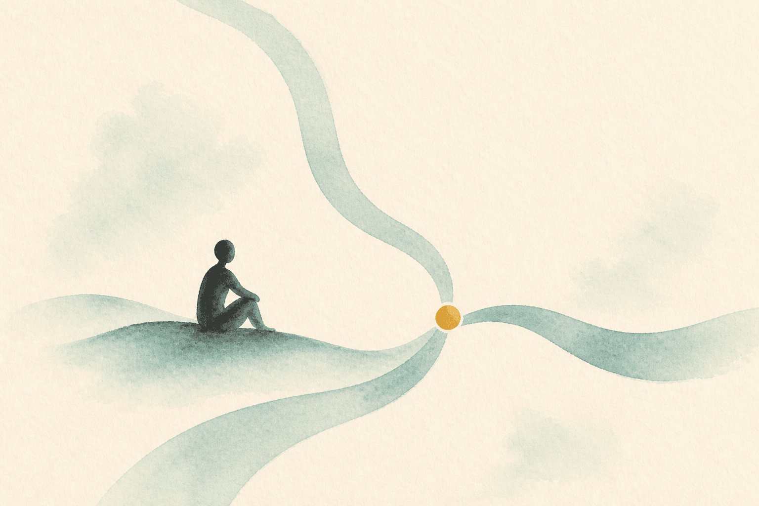 Minimal watercolor illustration of several soft path lines meeting one pause point, suggesting no single method fits every substance alone.