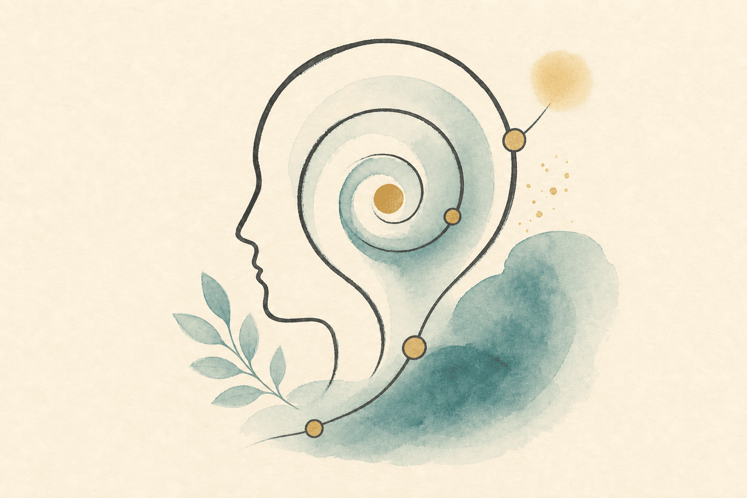 Minimal watercolor illustration of a calm head outline with an inner loop, suggesting hypnotherapy pattern support.