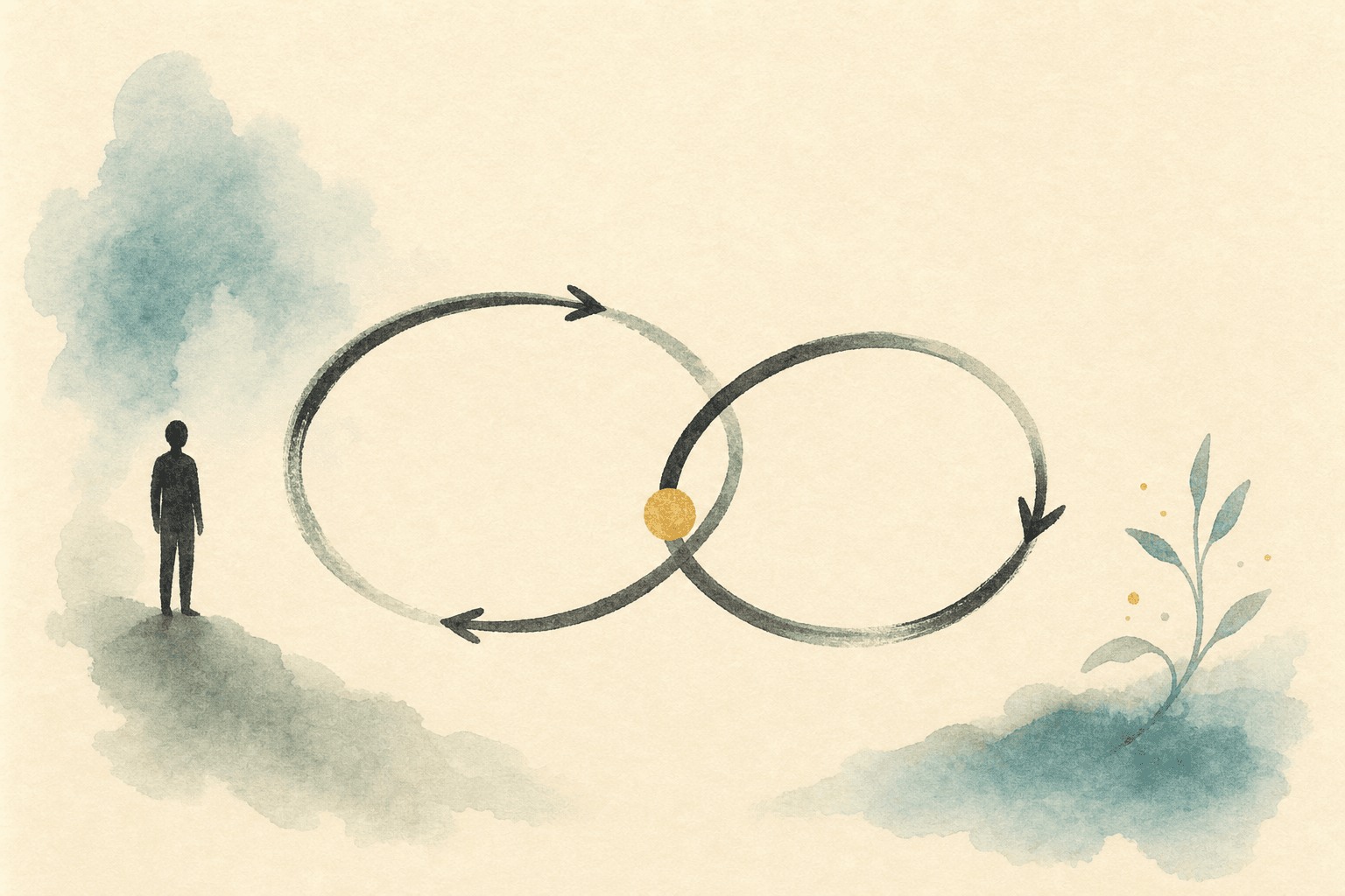 Minimal watercolor illustration of a winding path and pause point, suggesting steady addiction recovery progress.