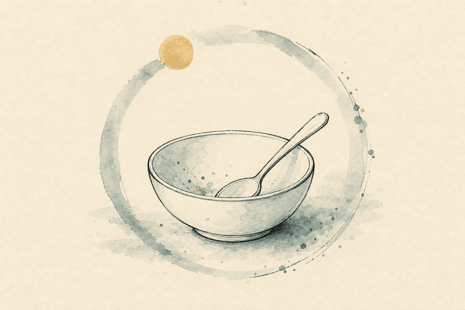 Minimal watercolor illustration of a bowl and spoon with a pause point, suggesting food addiction and emotional eating patterns.