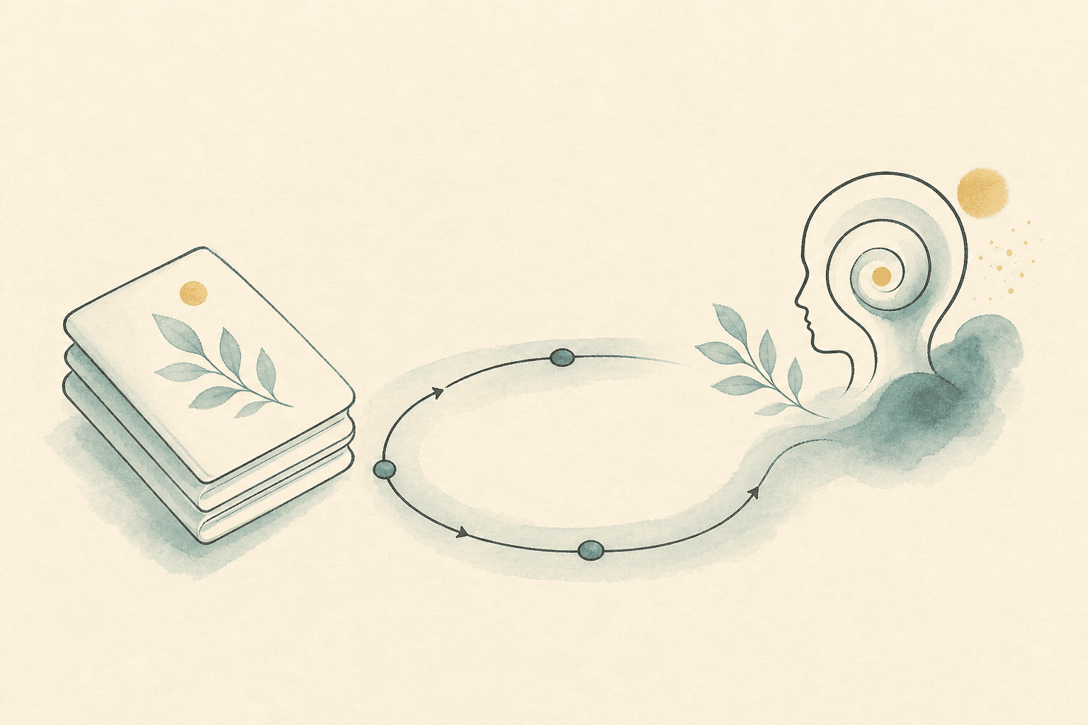 Minimal watercolor illustration of stepping stones and a folder-like shape, suggesting structured healing program progress.