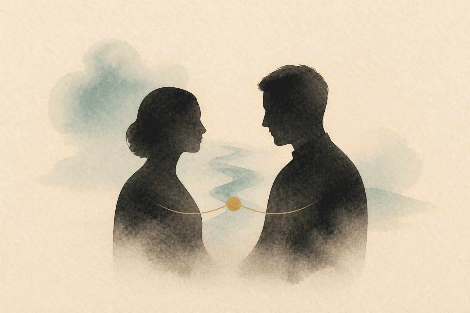 Minimal watercolor illustration of two simple facing forms with a soft connection line, suggesting restored intimacy without explicit imagery.