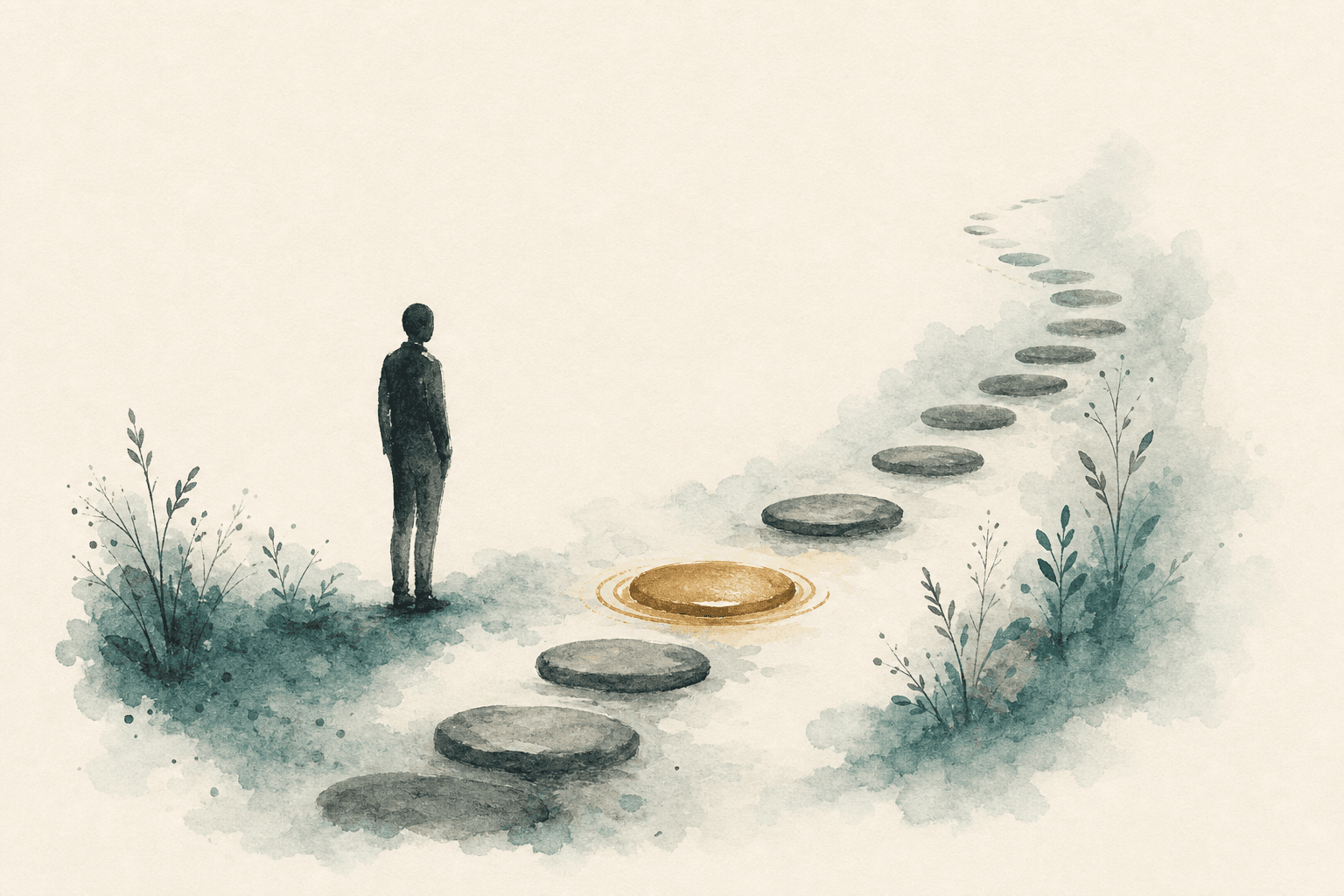 Minimal watercolor illustration of a figure beside a winding path and golden pause stone, suggesting a pause before behavioral addiction patterns.