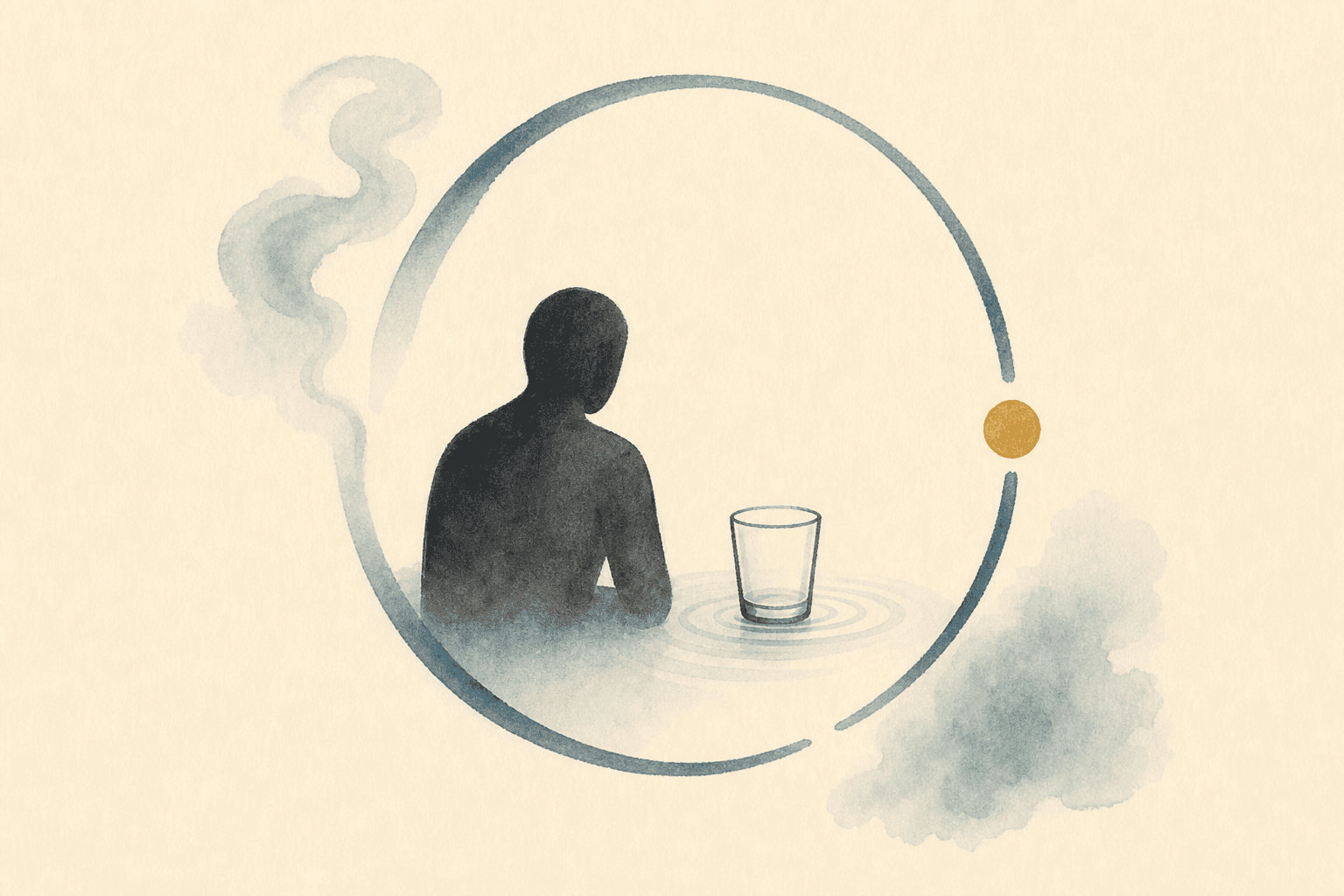 Minimal watercolor illustration of a winding path and pause point, suggesting steady addiction recovery progress.