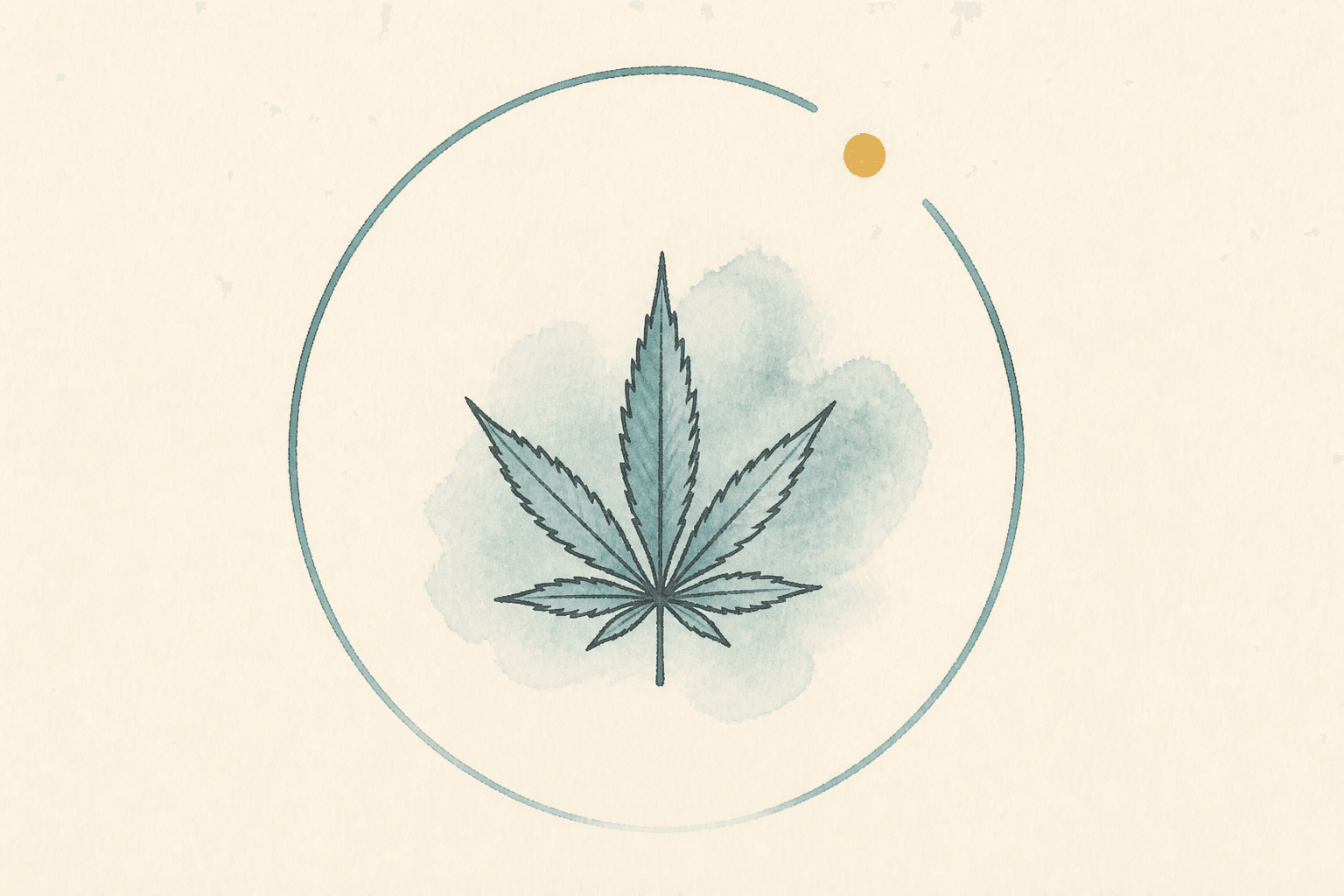 Minimal watercolor illustration of an abstract leaf inside a gentle loop with a gold pause point, suggesting cannabis dependence awareness.