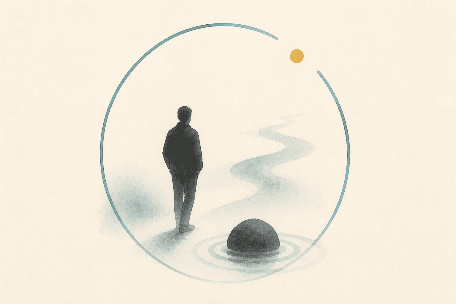 Minimal watercolor illustration of an anonymous figure beside a stone with gentle ripple rings, suggesting the body adapting over time.