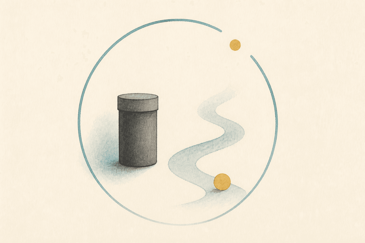 Minimal watercolor illustration of a plain closed container beside a path ending at a gold pause point, suggesting medically supervised tapering.