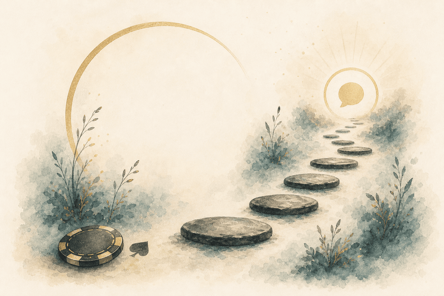 Minimal watercolor illustration of stepping stones along a path, suggesting the next step after a confidential gambling support enquiry.