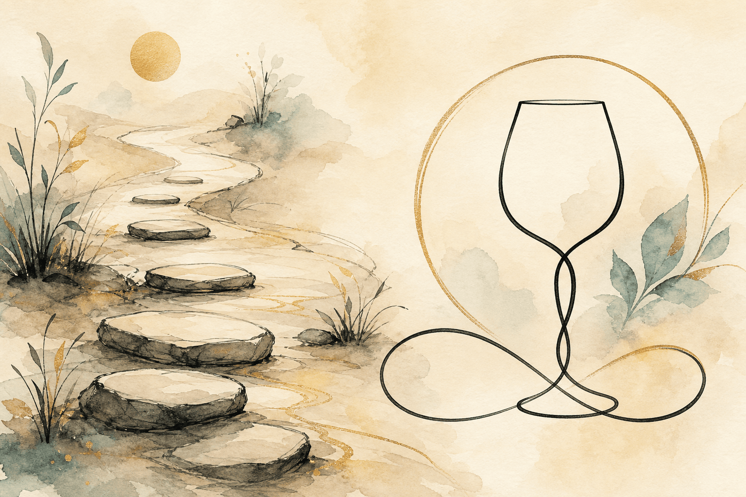 Minimal watercolor illustration of a gentle path and pause point, suggesting alcohol addiction recovery progress.