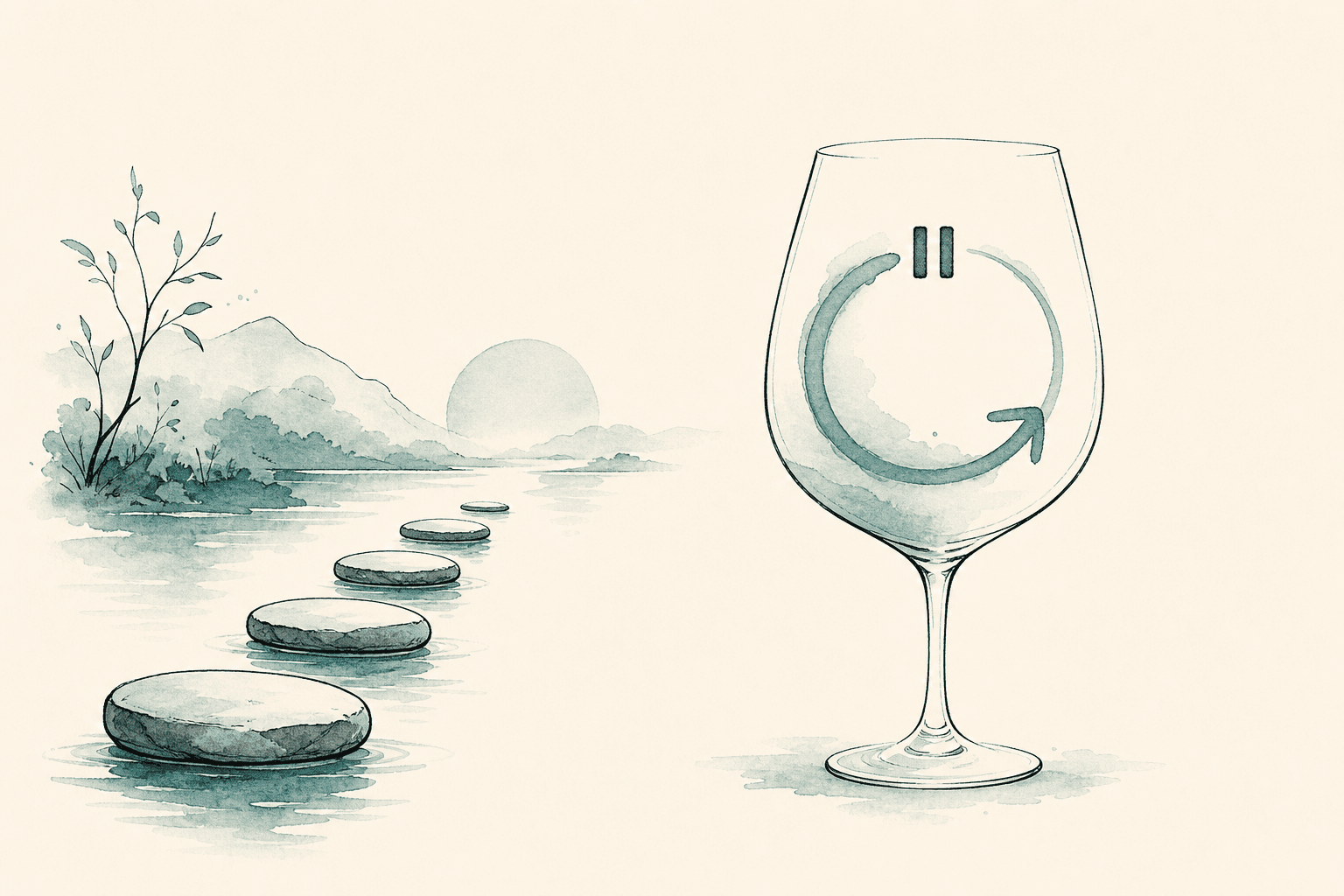 Minimal watercolor illustration of a gentle path and pause point, suggesting alcohol addiction recovery progress.