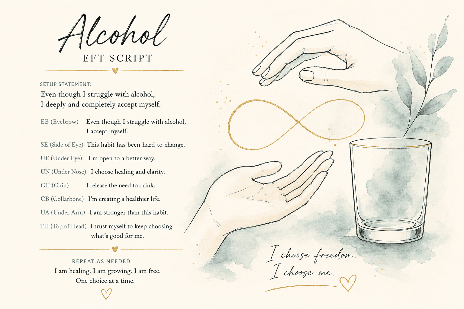 Minimal watercolor illustration of calm hands near a loop, suggesting an EFT or hypnotherapy script for alcohol patterns.
