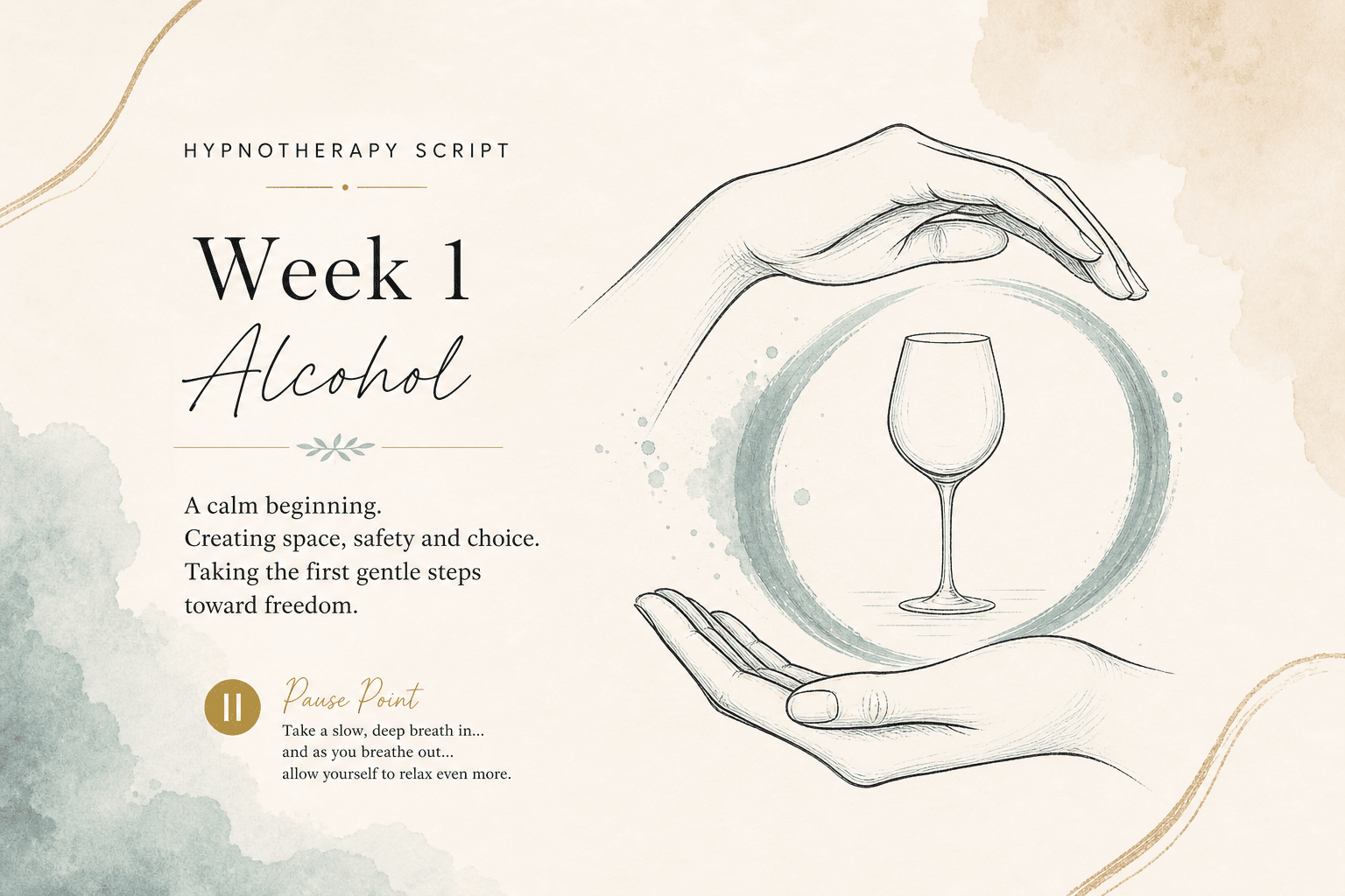 Minimal watercolor illustration of calm hands near a loop, suggesting an EFT or hypnotherapy script for alcohol patterns.