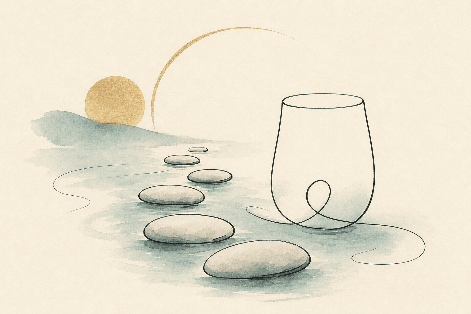 Minimal watercolor illustration of a gentle path and pause point, suggesting alcohol addiction recovery progress.