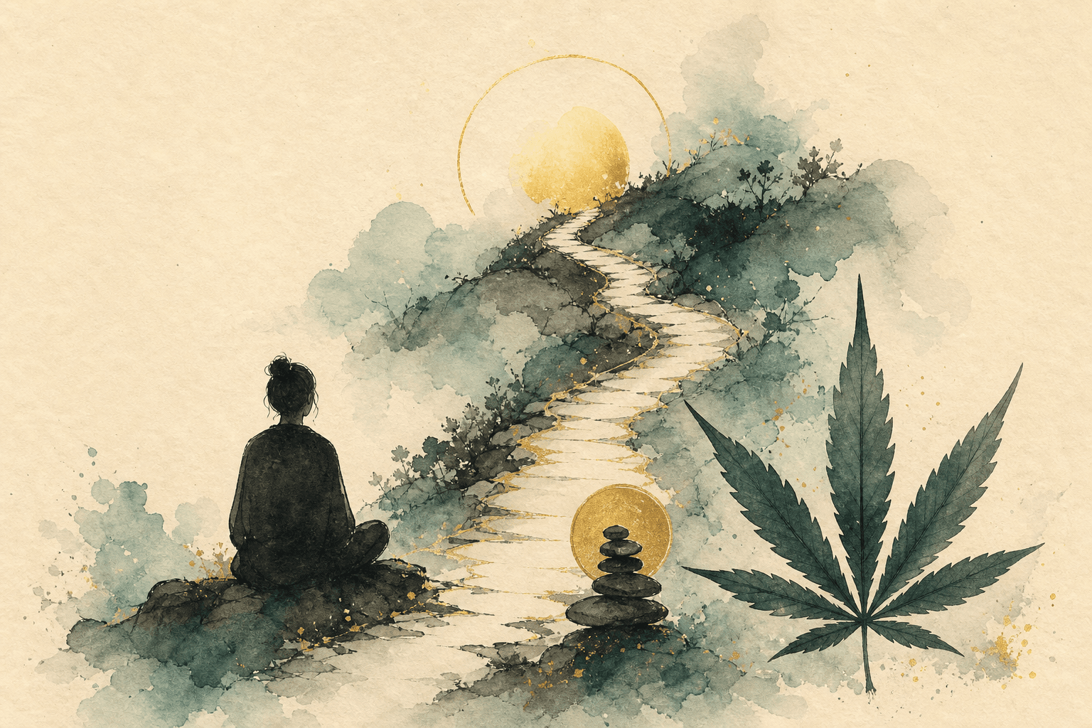 Minimal watercolor illustration with symbolic shapes, suggesting a cannabis addiction support resource.