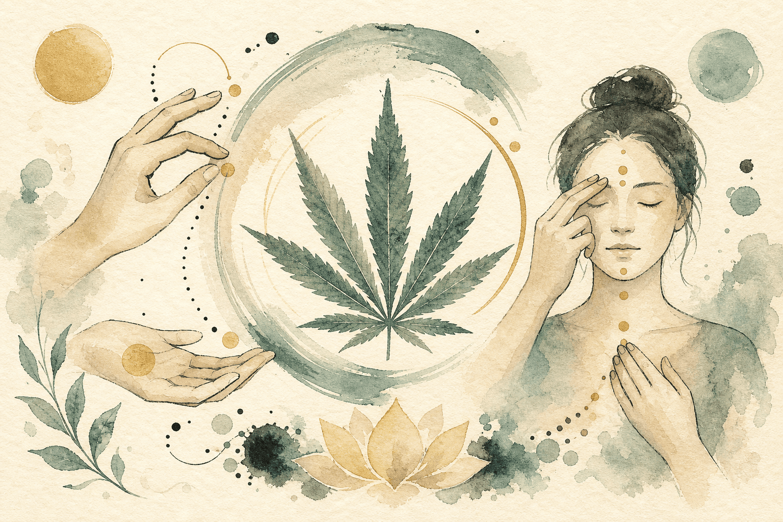 Minimal watercolor illustration of calm hands near a loop, suggesting an EFT or hypnotherapy script for cannabis patterns.