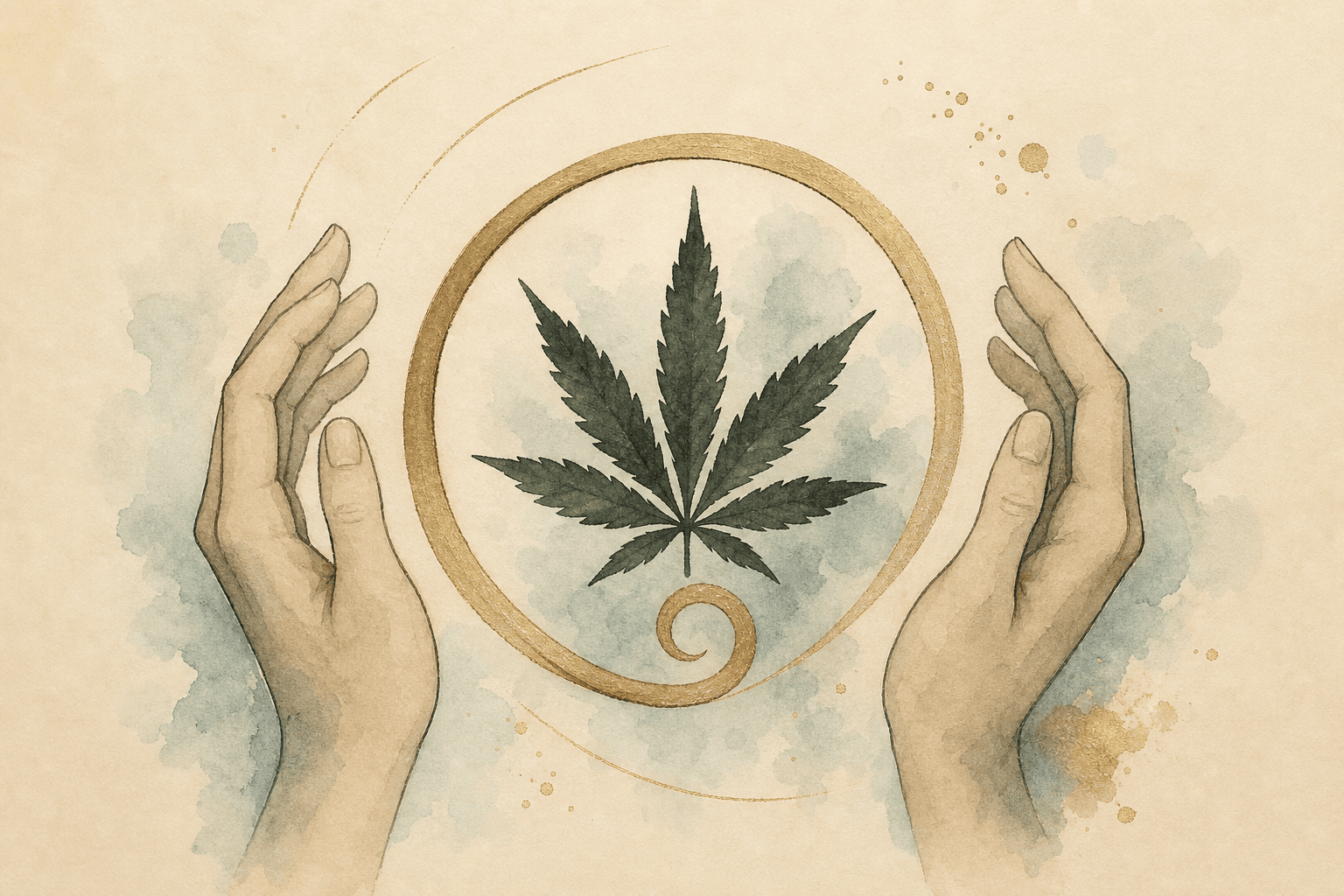 Minimal watercolor illustration of calm hands near a loop, suggesting an EFT or hypnotherapy script for cannabis patterns.