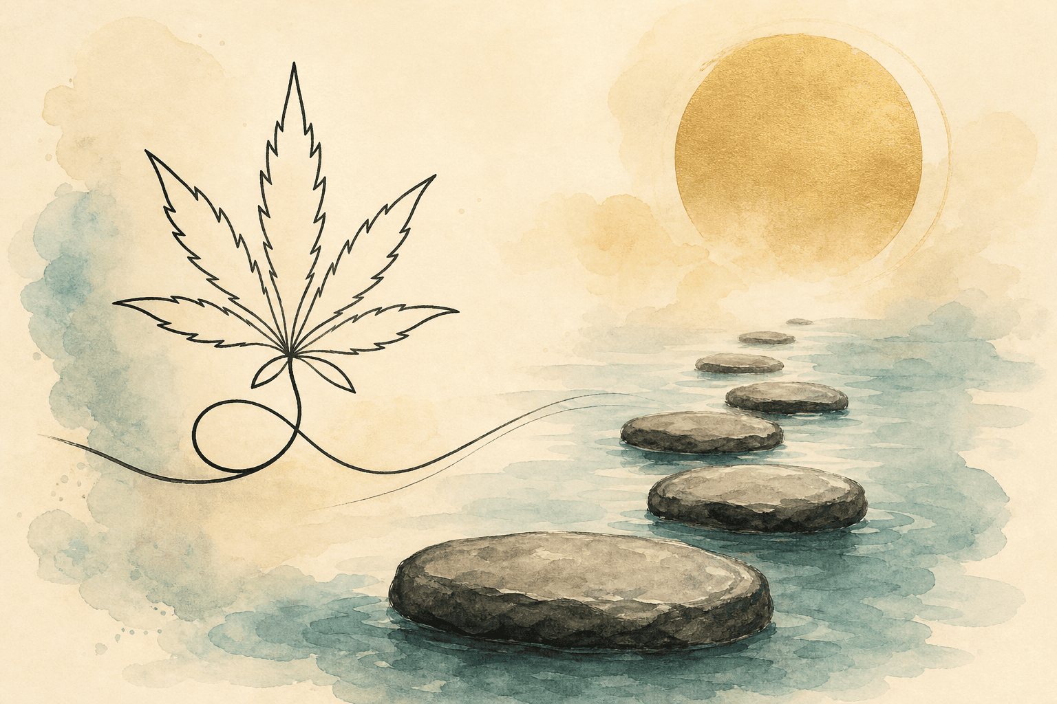 Minimal watercolor illustration of a gentle path and pause point, suggesting cannabis addiction recovery progress.