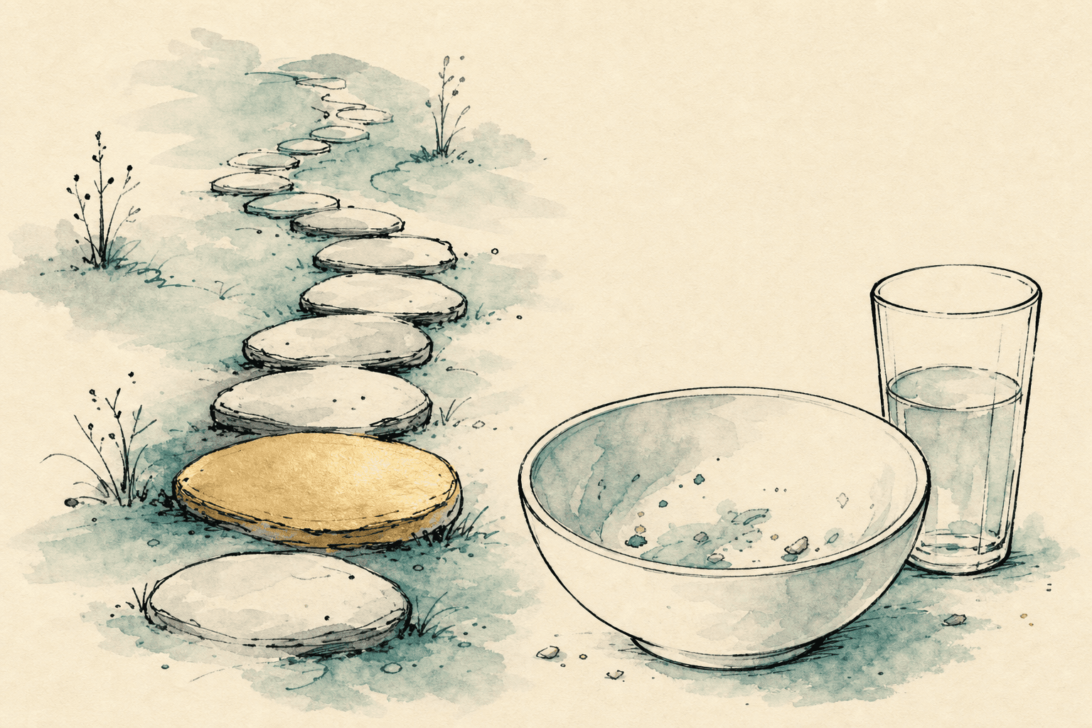 Minimal watercolor illustration of a gentle path and pause point, suggesting food binge eating addiction recovery progress.