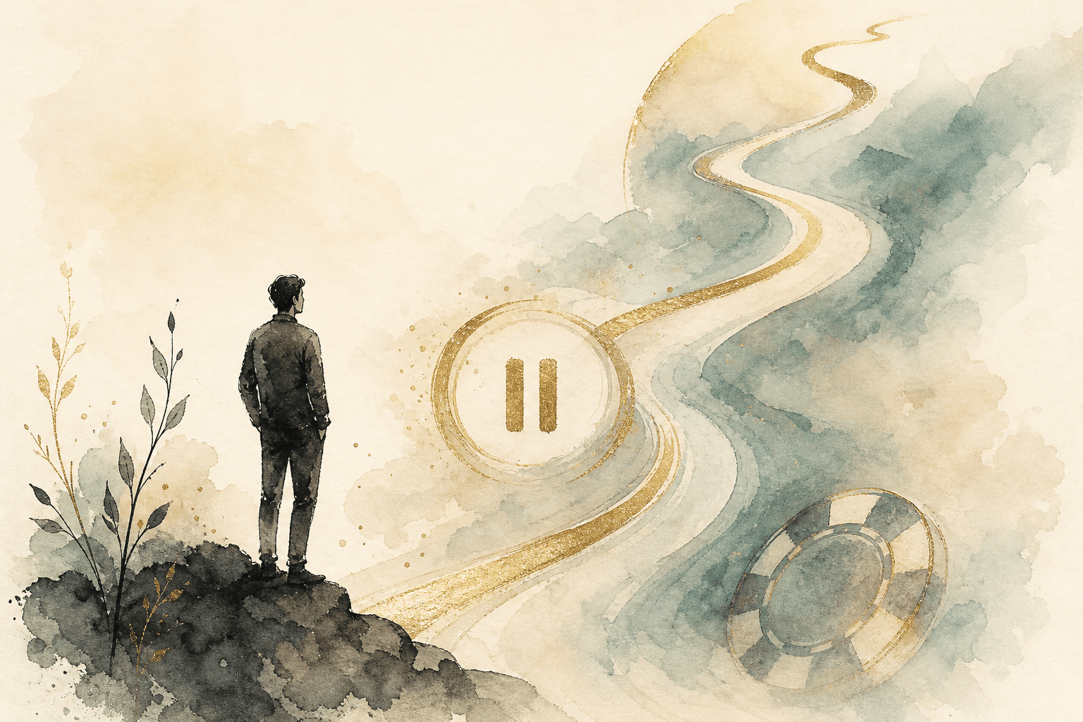 Minimal watercolor illustration with symbolic shapes, suggesting a gambling addiction support resource.