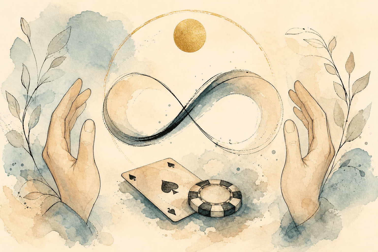Minimal watercolor illustration of calm hands near a loop, suggesting an EFT or hypnotherapy script for gambling patterns.