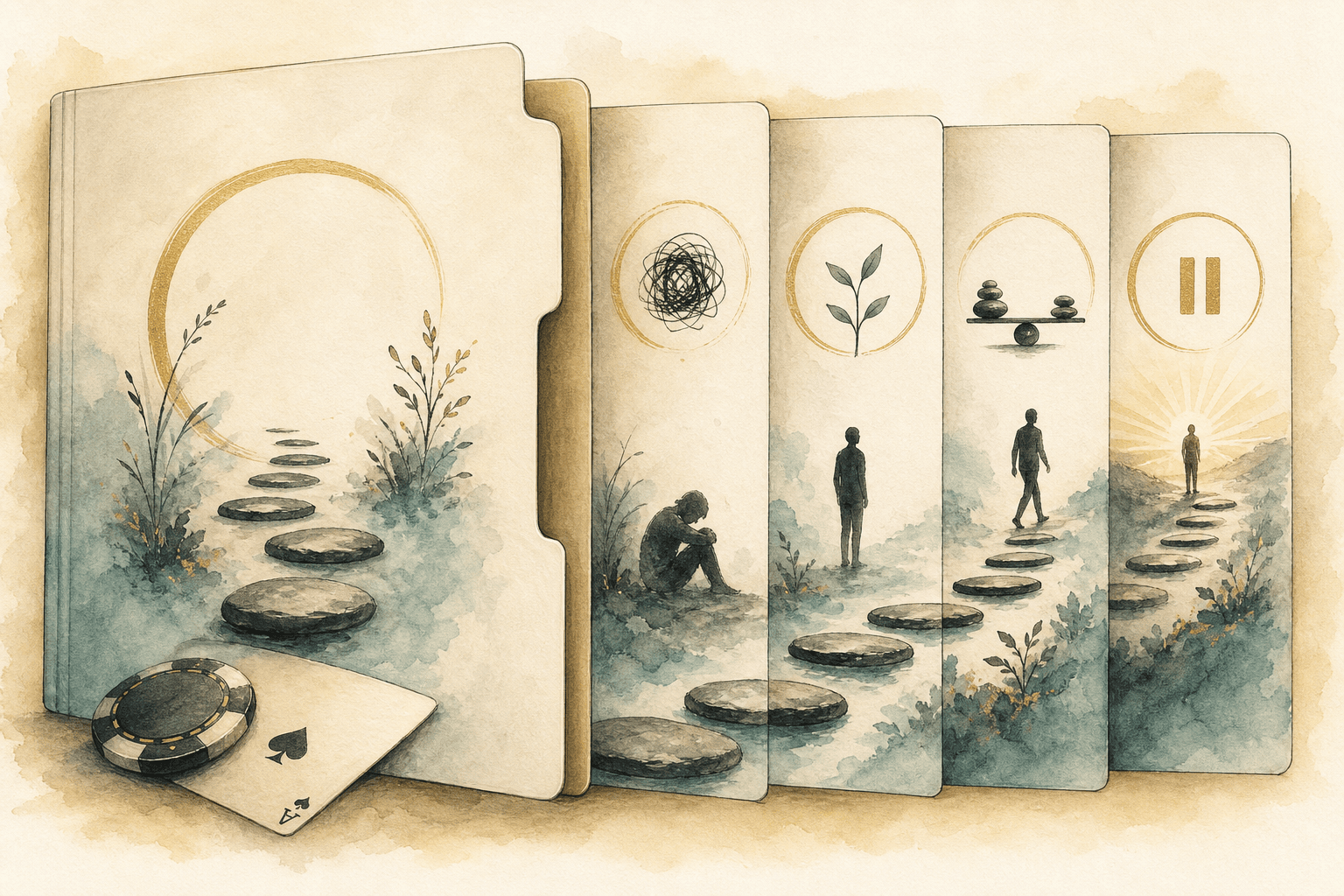 Minimal watercolor illustration with symbolic shapes, suggesting a gambling addiction support resource.