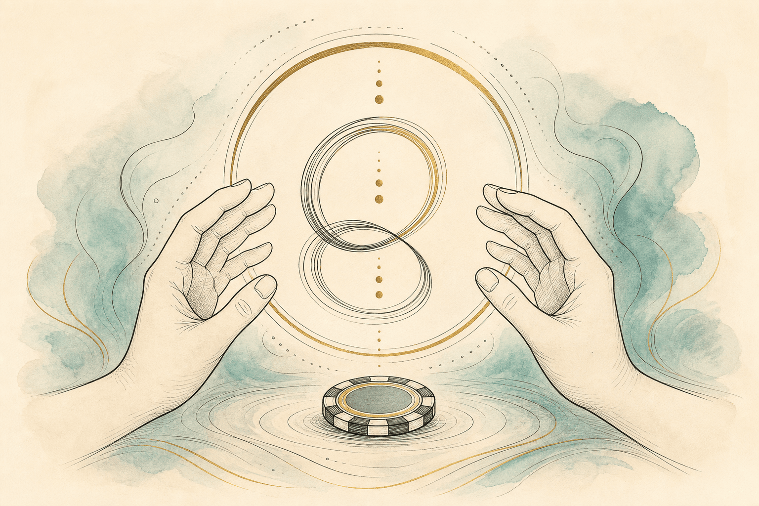 Minimal watercolor illustration of calm hands near a loop, suggesting an EFT or hypnotherapy script for gambling patterns.