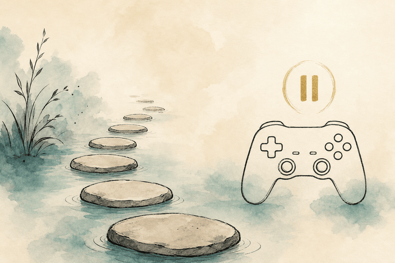 Minimal watercolor illustration of a gentle path and pause point, suggesting gaming addiction recovery progress.