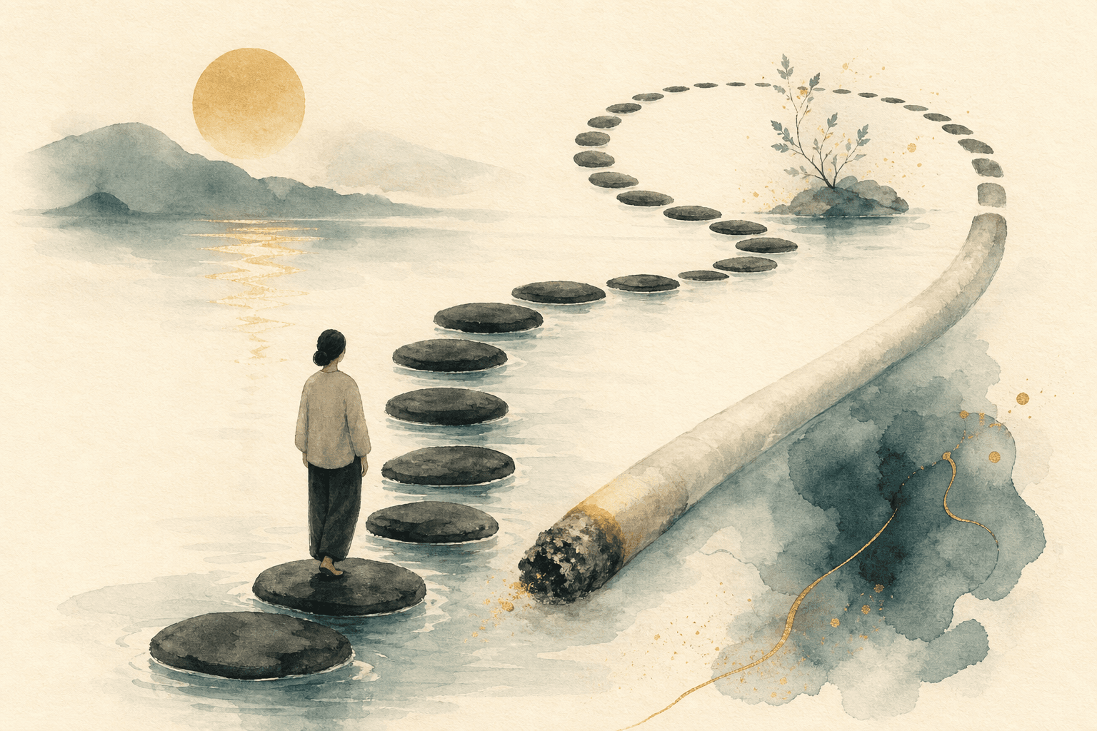 Minimal watercolor illustration of a gentle path and pause point, suggesting nicotine addiction recovery progress.