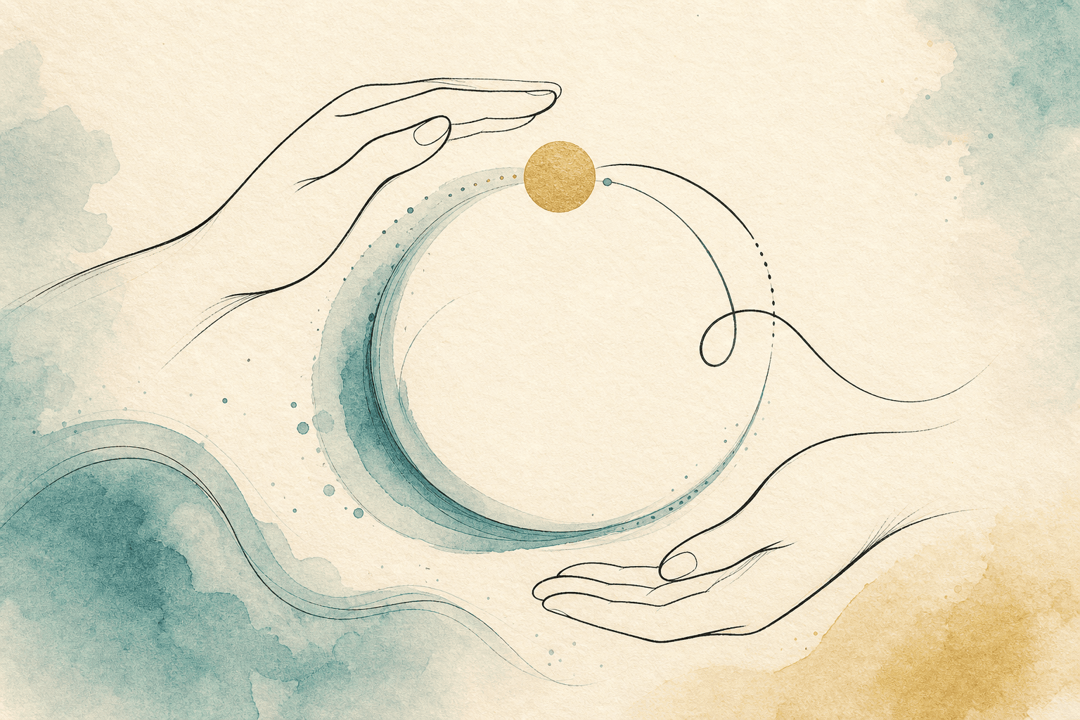 Minimal watercolor illustration of calm hands near a loop, suggesting an EFT or hypnotherapy script for pornography patterns.