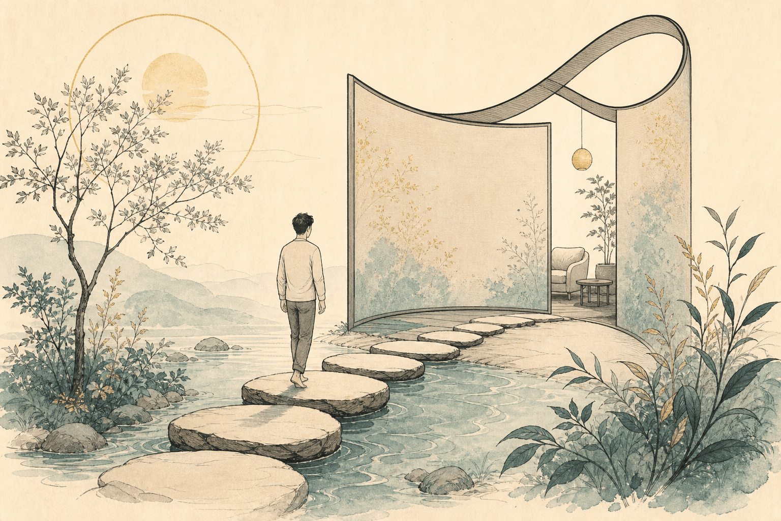 Minimal watercolor illustration of a gentle path and pause point, suggesting pornography addiction recovery progress.