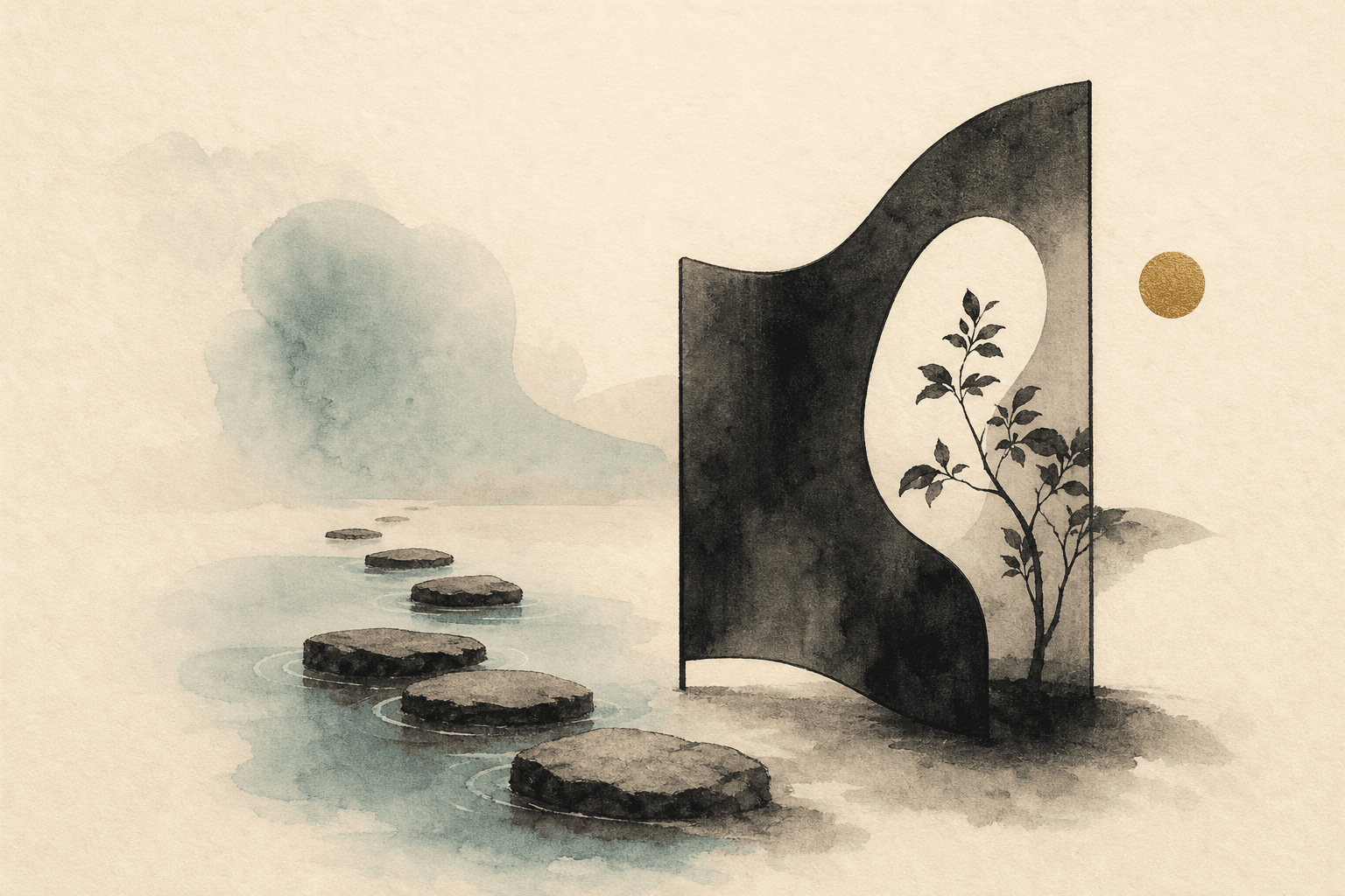 Minimal watercolor illustration of a gentle path and pause point, suggesting pornography addiction recovery progress.