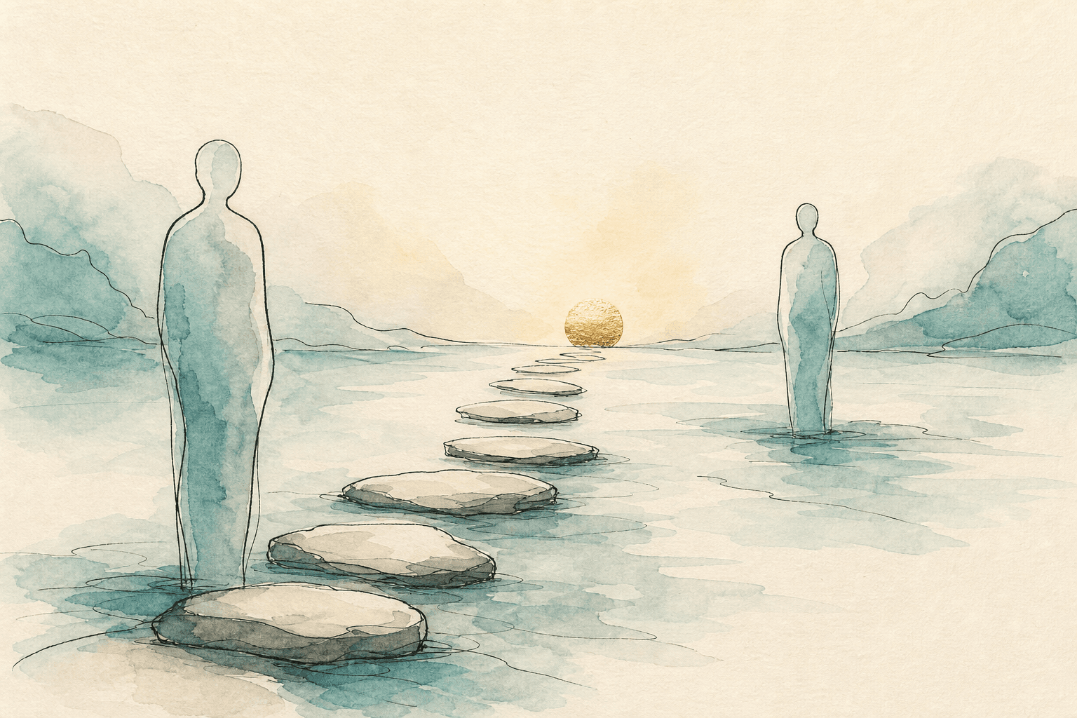 Minimal watercolor illustration of a gentle path and pause point, suggesting sex addiction recovery progress.