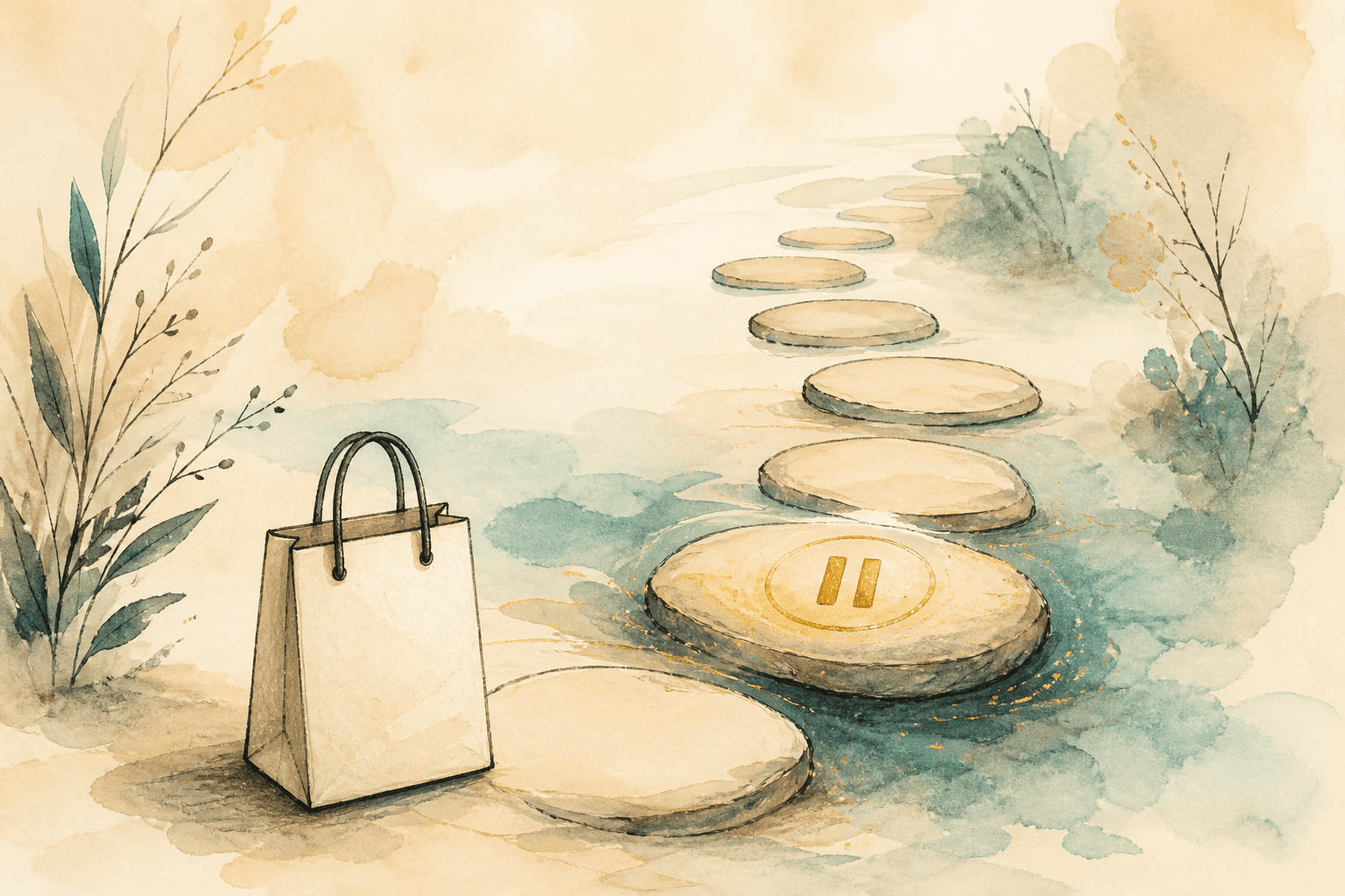 Minimal watercolor illustration of a gentle path and pause point, suggesting shopping addiction recovery progress.