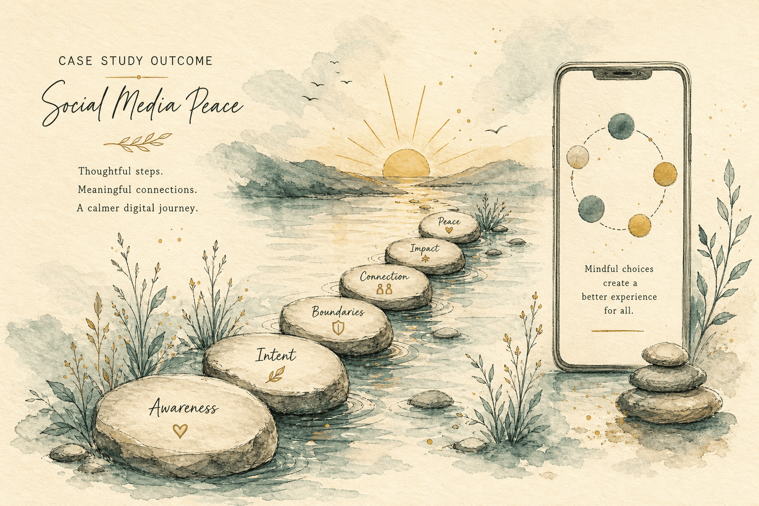 Minimal watercolor illustration of a gentle path and pause point, suggesting social media addiction recovery progress.