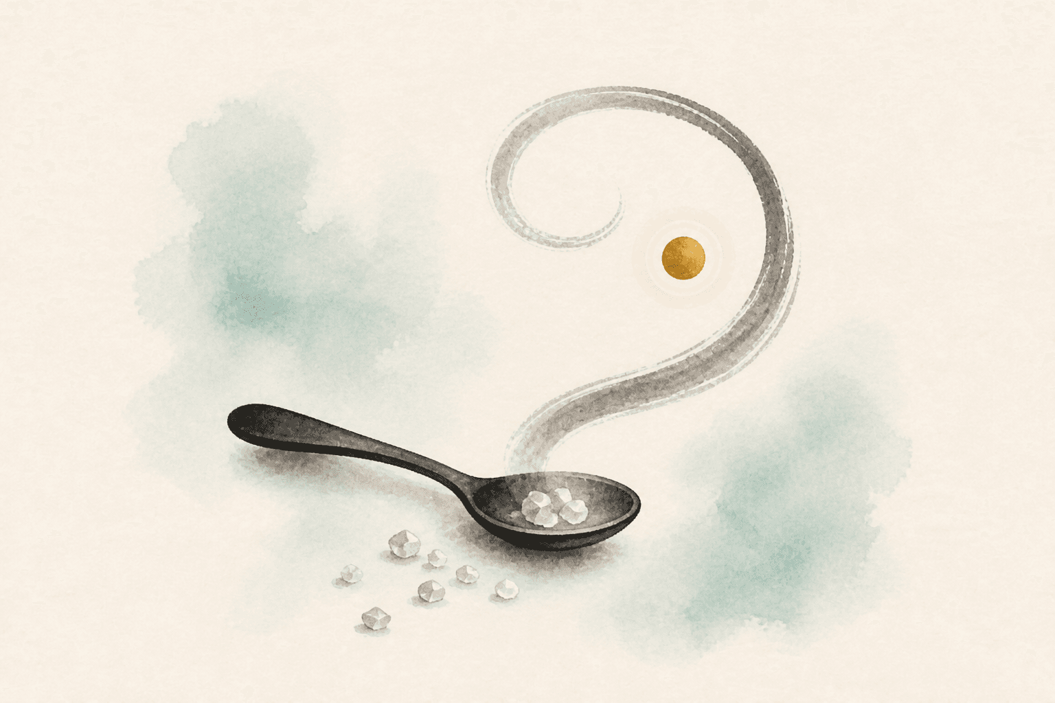 Minimal watercolor illustration of a spoon with soft crystal dots and a gentle swirl, suggesting sugar cravings or processed-food urges.