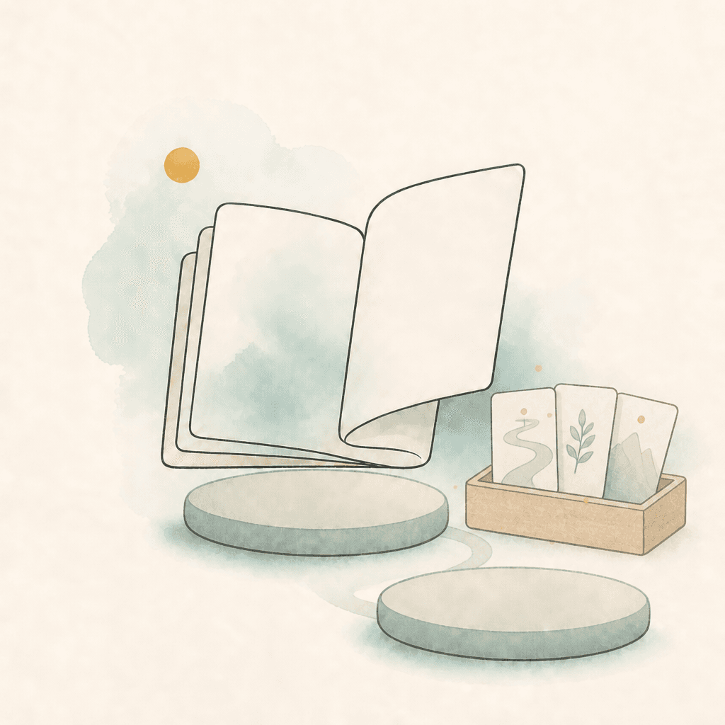 Minimal watercolor illustration of booklet, path stones, and a wooden tray of journey cards, suggesting a complete structured healing plan.