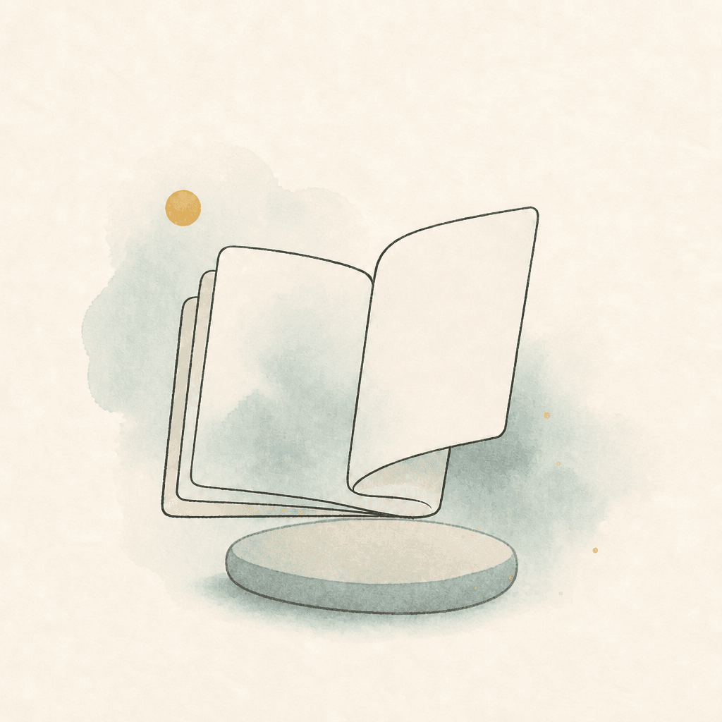 Minimal watercolor illustration of an open booklet plus one foundation stepping stone under a gold pause circle, suggesting essential monthly support.