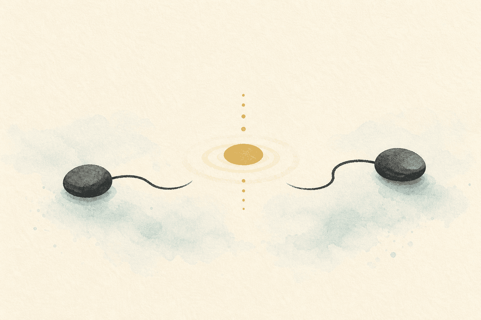 Minimal watercolor illustration of a glowing gold circle with ripples between stones, suggesting relief or reward in an addiction pattern.