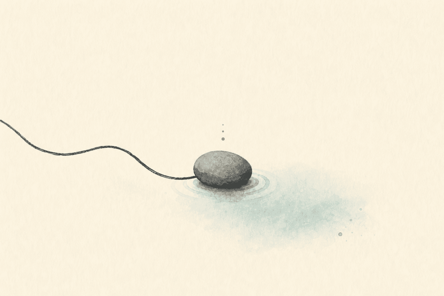 Minimal watercolor illustration of a river stone with a small ripple, suggesting the trigger moment in an addiction pattern.