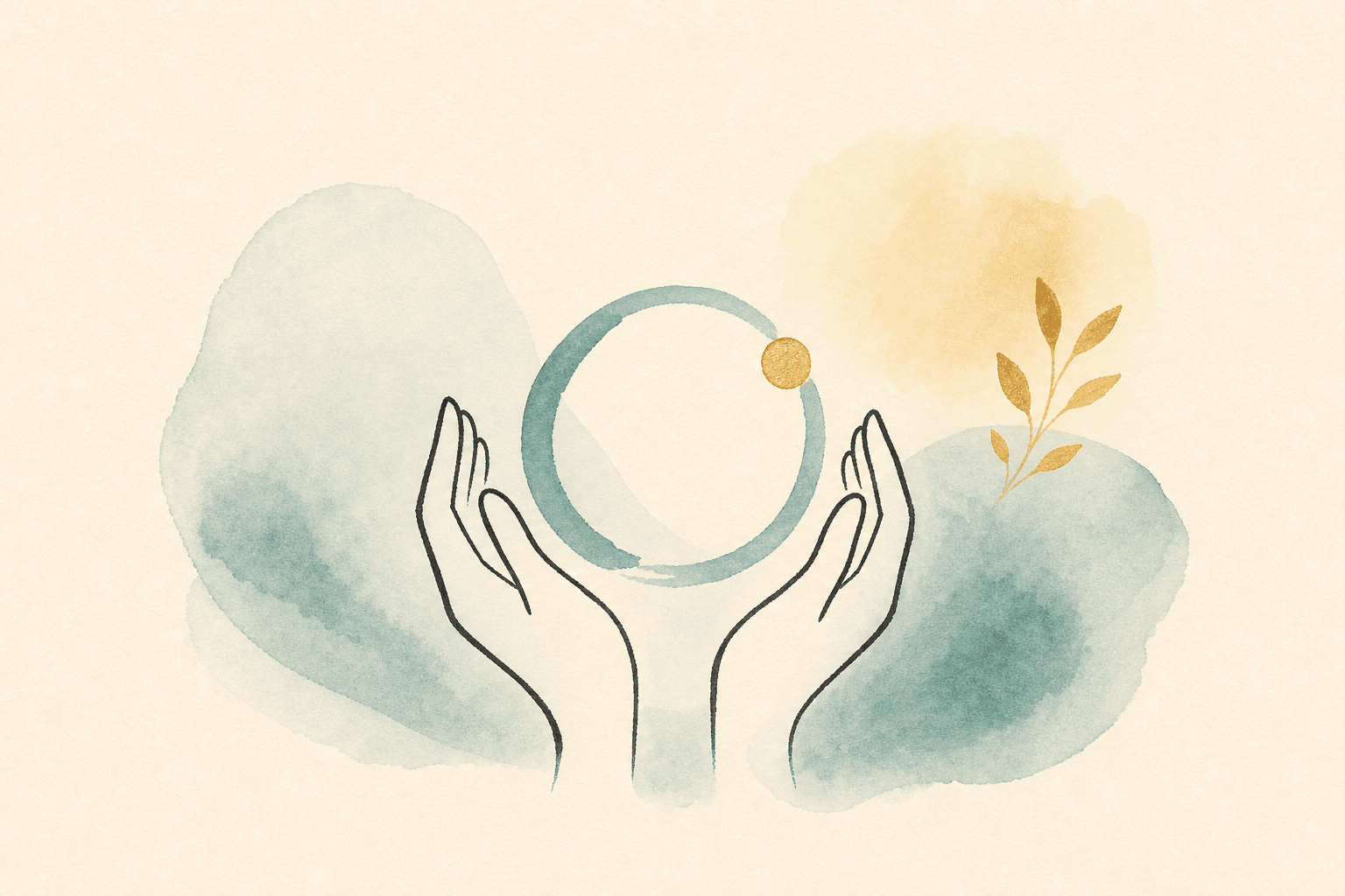 Minimal watercolor illustration of hands holding a soft loop, suggesting structured support.